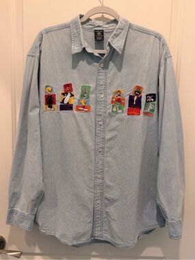 Warner Bros. Light Blue Denim Button-Up with Looney Tunes Patches